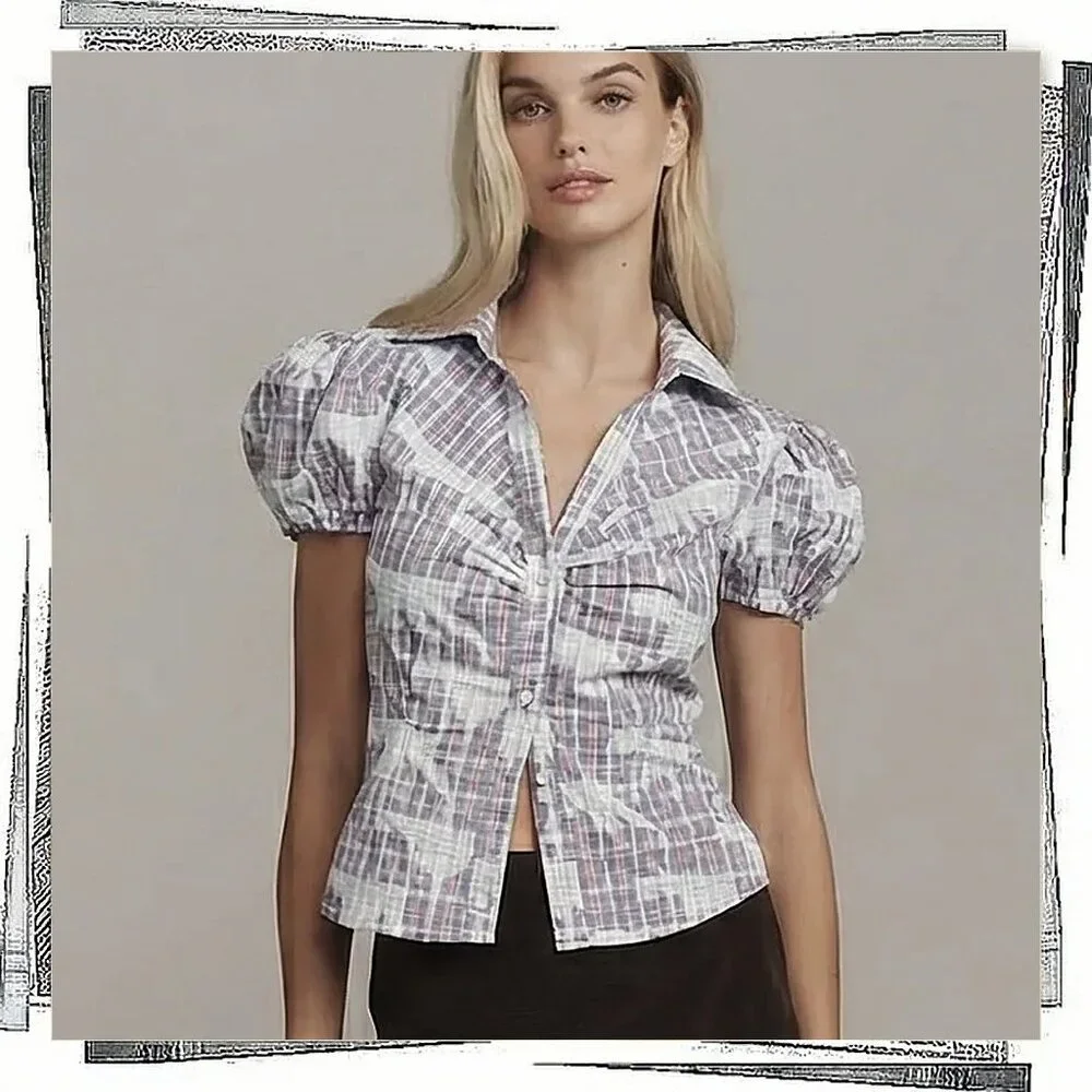 NWT: White Plaid Cotton Puff Sleeve Blouse w Hound Print (S) by Maeve